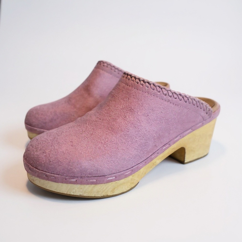 Frye and Co Suede Clogs 7.5 Mauve‎ Whipstitch Wood Platform Mules Boho Retro